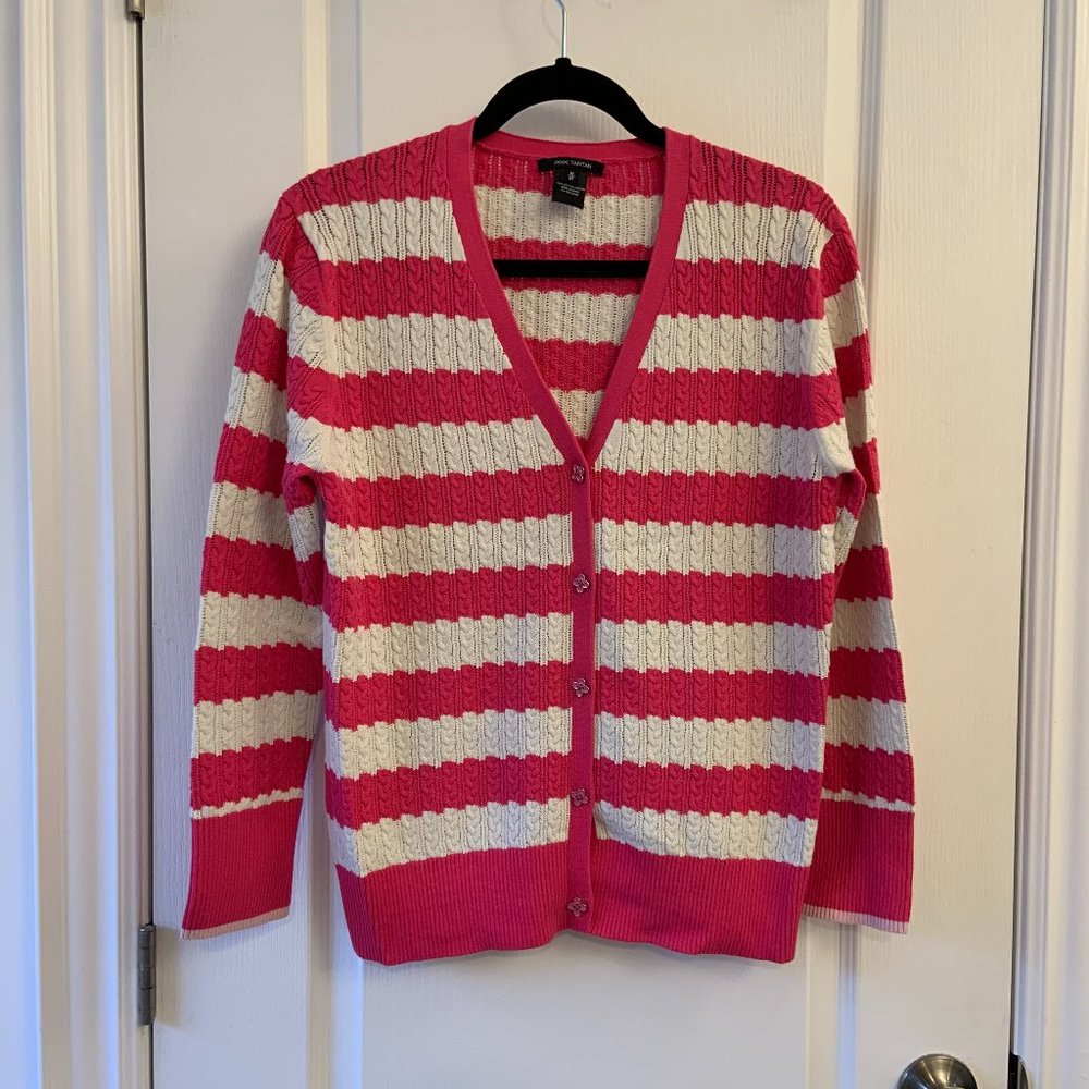 Pink Tartan Striped Preppy Cotton Sweater Knit V-Neck Size M